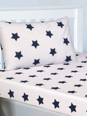 Navy Blue and White Stars Single Fitted Sheet and Pillowcase Set