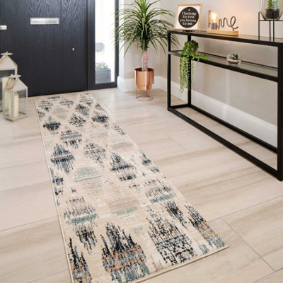 Navy Blue Beige Distressed Diamond Trellis Soft Runner Rug 60x240cm