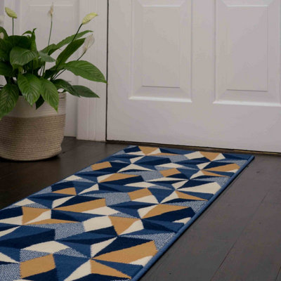 Navy Blue Diamond Geometric Living Room Runner Rug 60x240cm DIY at B&Q