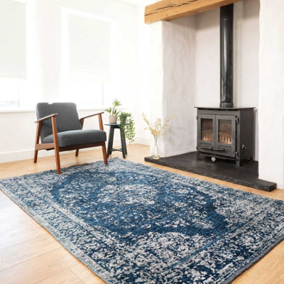 Navy Blue Distressed Traditional Medallion Reversible Chenille Living ...