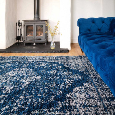 Navy Blue Distressed Traditional Medallion Reversible Chenille Living Area Rug 115x170cm