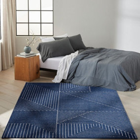 Navy Blue Easy to Clean Abstract Geometrical Luxurious Modern Rug for Living Room, Bedroom - 119cm X 180cm
