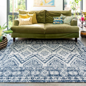 Navy Blue Geometric Bordered Recycled Cotton Rug 120x170cm