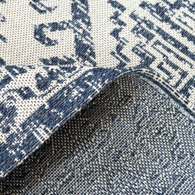 Navy Blue Geometric Bordered Recycled Cotton Rug 120x170cm