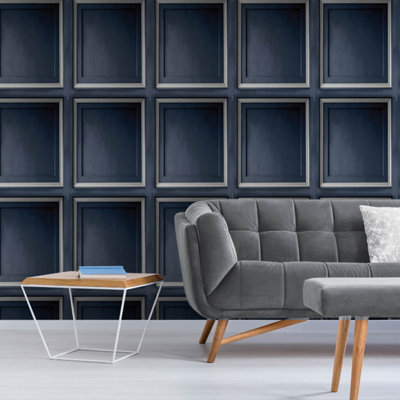 Navy Blue Gilded 3D Distressed Panel Effect Wallpaper Silver Textured Feature Wall