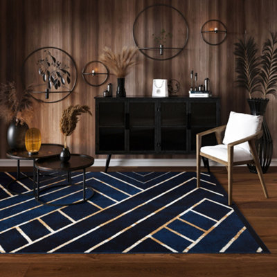 Navy Blue Gold Art Deco Living Room Rug 120x170cm