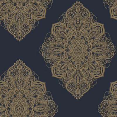 Navy Blue Gold Damask Wallpaper Metallic Shimmer Ornamental Arthouse Henna