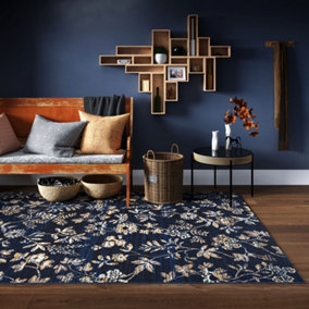 Navy Blue Gold Floral Living Room Rug 120x170cm
