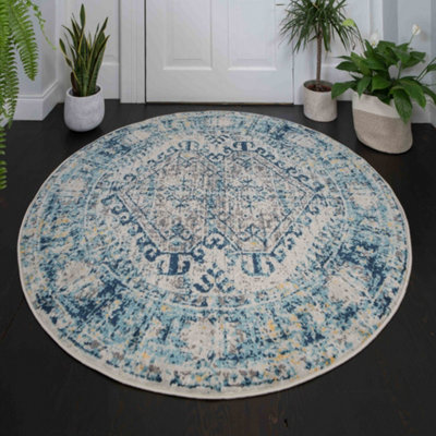 Navy Blue Grey Bordered Geometric Distressed Round Circlular Rug 120cm ...
