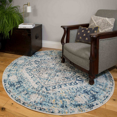 Navy Blue Grey Bordered Geometric Distressed Round Circlular Rug 120cm ...