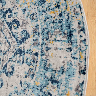 Navy Blue Grey Bordered Geometric Distressed Round Circlular Rug 120cm ...