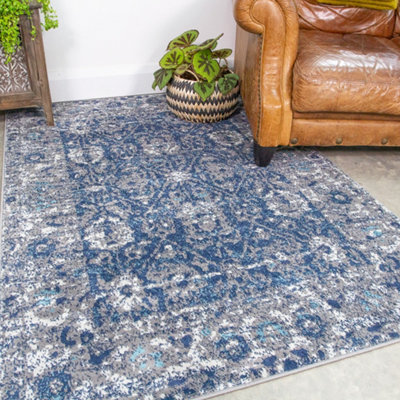 Navy Blue Grey Distressed Floral Medallion Bordered Area Rug 120x170cm