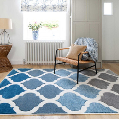 Navy Blue Grey Modern Trellis Living Area Rug 60x110cm