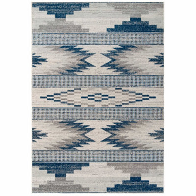 Navy Blue Grey Tribal Geometric Low Pile Soft Living Area Rug 200x280cm