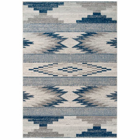 Navy Blue Grey Tribal Geometric Low Pile Soft Living Area Rug 60x110cm
