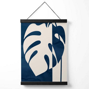 Navy Blue Monstera Mid Century Tropical Medium Poster with Black Hanger