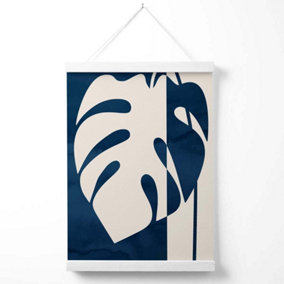Navy Blue Monstera Mid Century Tropical Poster with Hanger / 33cm / White