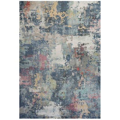 Navy Blue Multicoloured Abstract Distressed Soft Fireside Living Area Rug 120cm x 170cm