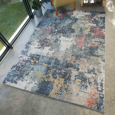 Navy Blue Multicoloured Abstract Distressed Soft Fireside Living Area ...