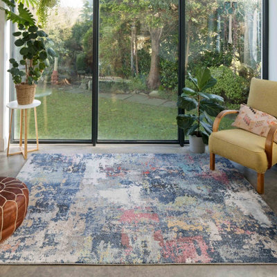 Navy Blue Multicoloured Abstract Distressed Soft Fireside Living Area Rug 80cm x 150cm