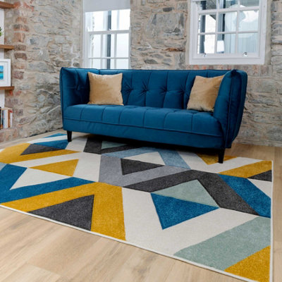 Navy Blue Ochre Diamond Geometric Living Area Rug 190x280cm