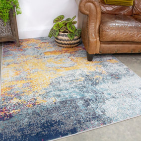 Navy Blue Ochre Multicolour Distressed Abstract Area Rug 120x170cm