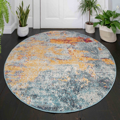 Navy Blue Ochre Multicolour Distressed Abstract Round Circlular Rug ...