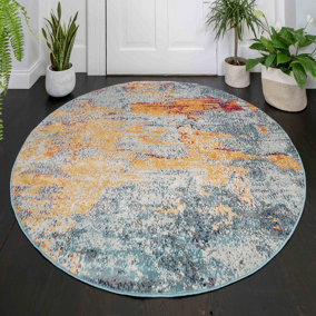 Navy Blue Ochre Multicolour Distressed Abstract Round Rug 120x120cm