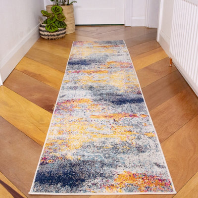 Navy Blue Ochre Multicolour Distressed Abstract Runner Rug 60x240cm