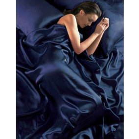 Navy Blue Satin Double Duvet Cover, Fitted Sheet & 4 Pillowcases Bedding Set