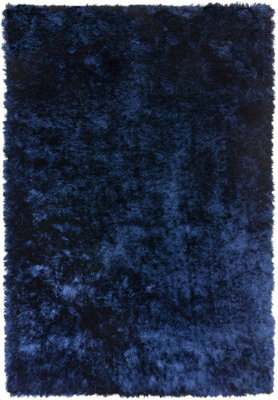 Navy Blue Shaggy Handmade Modern Plain Sparkle Easy to Clean Rug For ...
