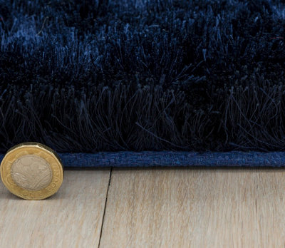 Navy Blue Shaggy Handmade Modern Plain Sparkle Easy to Clean Rug For Dining Room Bedroom Living Room-65cm X 135cm