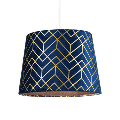 Navy Blue Velvet Lamp Shade with Geometric Design in Metallic Gold Foil Lines