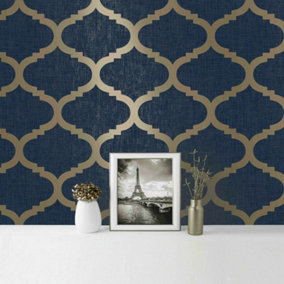Navy Blue Wallpaper Trellis Geometric Metallic Textured Gold Feature Wall New