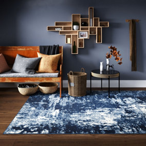 Navy Blue White Distressed Abstract Living Room Rug 120x170cm