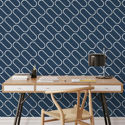 Navy Blue White Linear Curve Wavey Lines Minimalist Feature Wallpaper