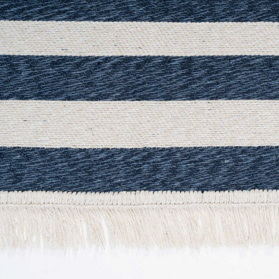 Blue and White Rug with popular Stripes, Striped Floor Runner, Navy Blue and Natural White Carpet with Fringes at the Ends, Scandinavian Design