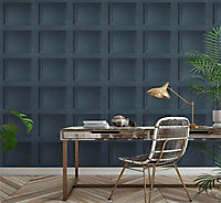 Navy Blue Wooden Panel 3D Effect Realistic Square Panelling Flat Wallpaper