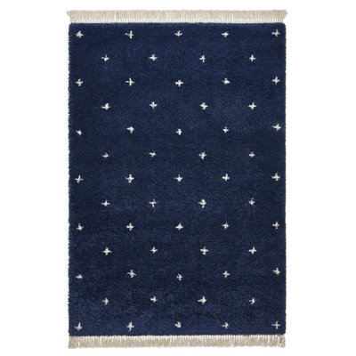 Navy Dotted Kilim Modern Shaggy Moroccan Easy to clean Rug for Dining Room-120cm X 170cm