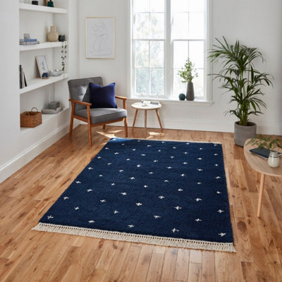 Navy Dotted Kilim Modern Shaggy Moroccan Easy to clean Rug for Dining Room-120cm X 170cm