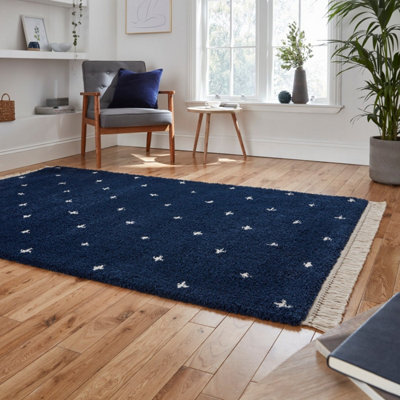 Navy Dotted Kilim Modern Shaggy Moroccan Easy to clean Rug for Dining Room-120cm X 170cm