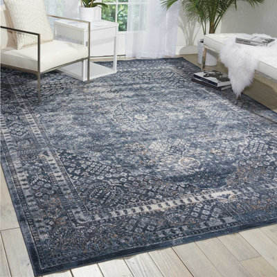 Navy Floral Traditional Luxurious Rug For Dining Room Bedroom & Living ...