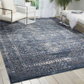 Navy Floral Traditional Luxurious Rug For Dining Room Bedroom & Living Room-66 X 231cm (Runner)
