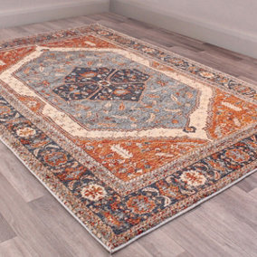 Navy Floral Traditional Persian Bordered Dining Room Rug-160cm X 230cm