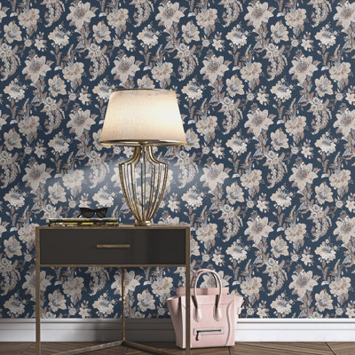 Navy Floral Wallpaper Grey Brown Damask Pattern Smooth Finish