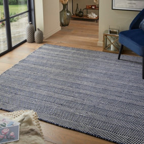 Navy Modern Striped Wool Easy To Clean Rug For Living Room Bedroom & Dining Room-152cm X 226cm