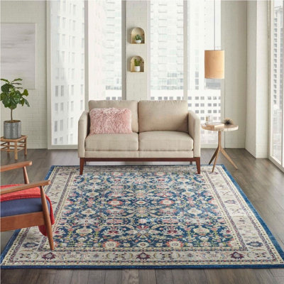 Navy/Multicolor Luxurious Traditional Persian Easy to Clean Floral Rug For Dining Room Bedroom And Living Room-122cm (Circle)