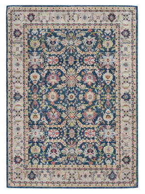 Navy/Multicolor Persian Rug, Stain-Resistant Floral Rug, Traditional ...