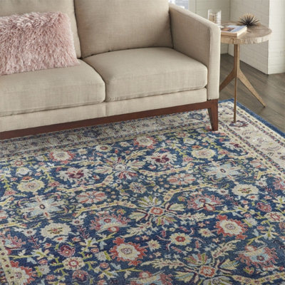 Navy/Multicolor Persian Rug, Stain-Resistant Floral Rug, Traditional ...