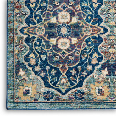 Navy Multicolor Rug, Stain-Resistant Rug, Traditional Bordered Floral ...